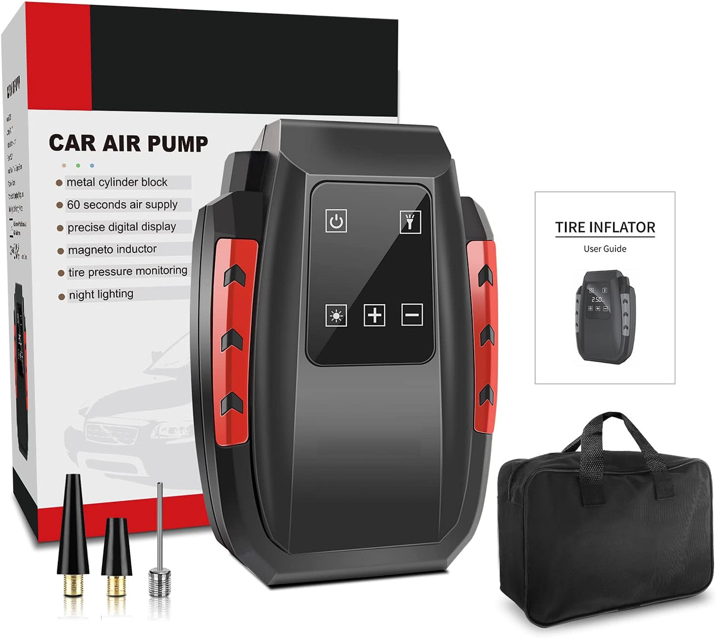 RIKIN compresor de aire portátil 12V con manómetro digital, inflador eléctrico para ruedas de coche, moto y otros inflables, con accesorios y bolsa de transporte