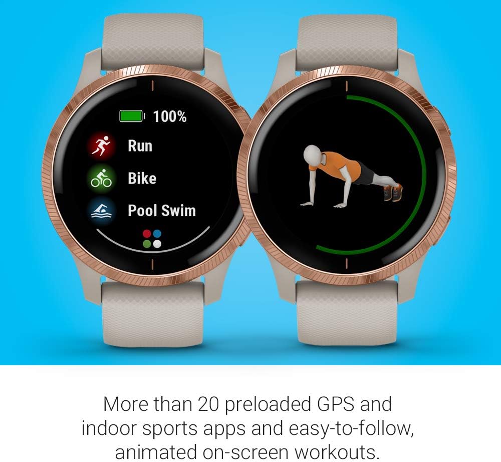 Garmin Venu, Smartwatch GPS con pantalla táctil brillante, funciones de música, control de la energía corporal, entrenamientos animados, pulsioximetría, (Reacondicionado)