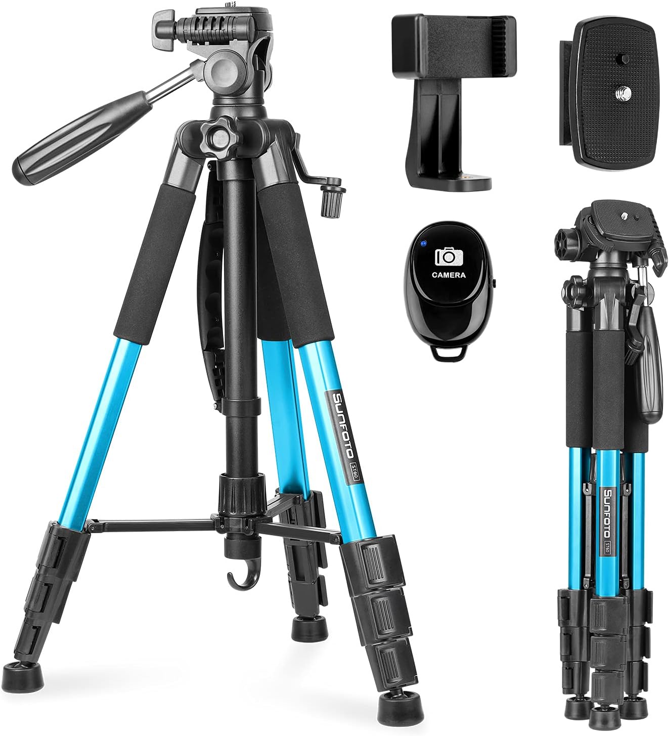 Trípode de cámara Sunfoto 160 cm azul con cabezal panorámico, soporte para teléfono, control Bluetooth y bolsa de transporte