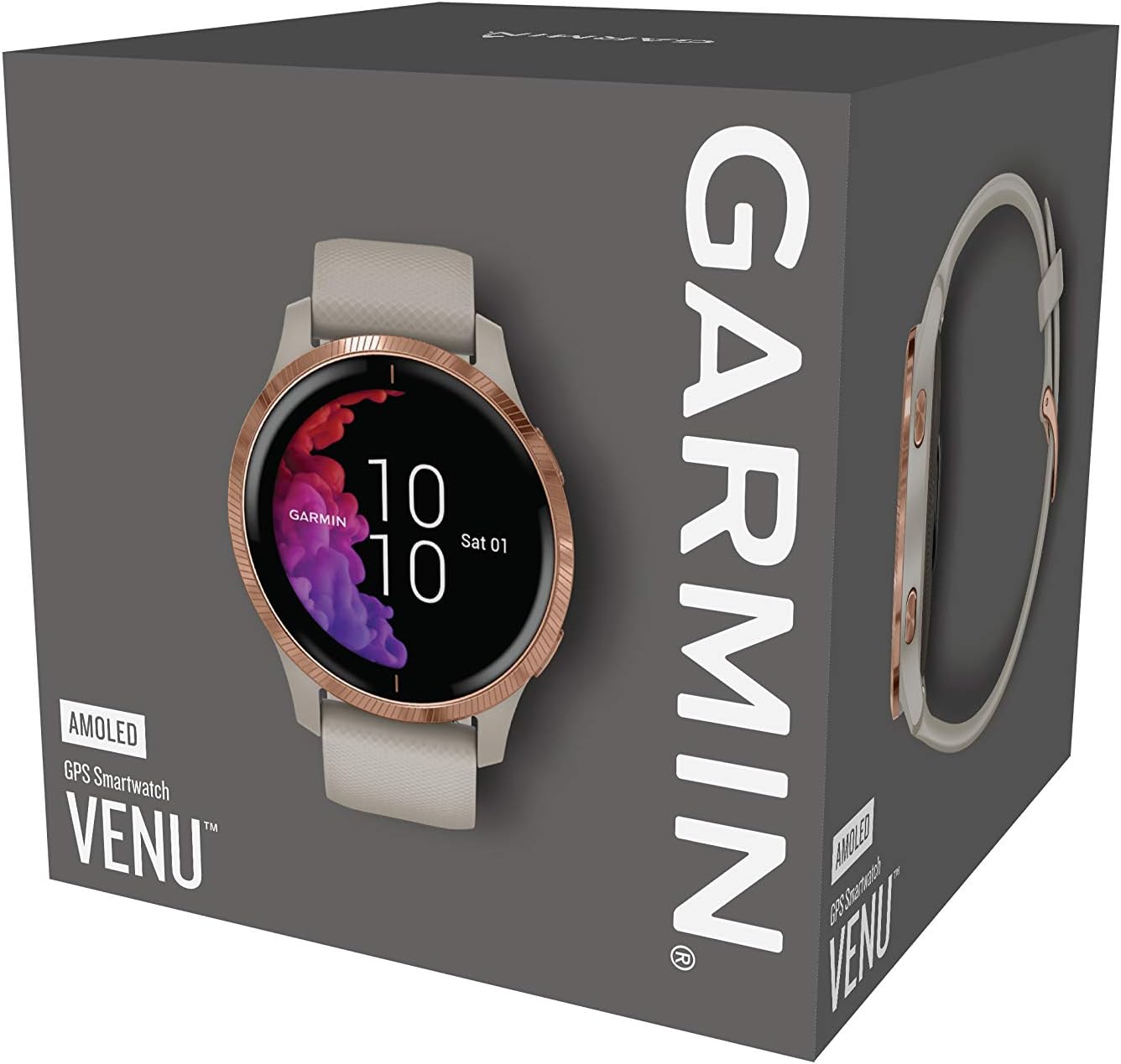 Garmin Venu smartwatch GPS con pantalla AMOLED beige y detalles rose gold reacondicionado