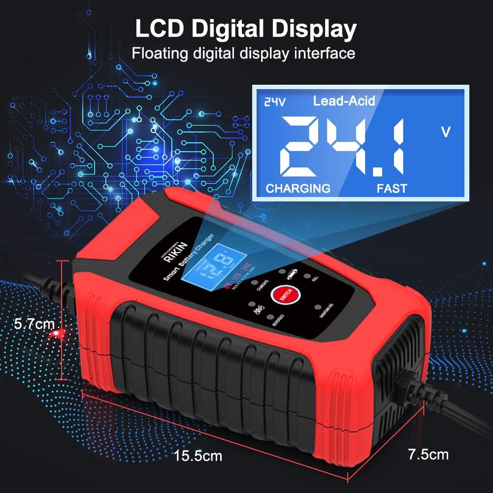 RIKIN Cargador de Batería 6A 6V/12V/24V – Cargador Rápido Automático con Pantalla LCD y Protección Múltiple para Coche, Moto y Barco