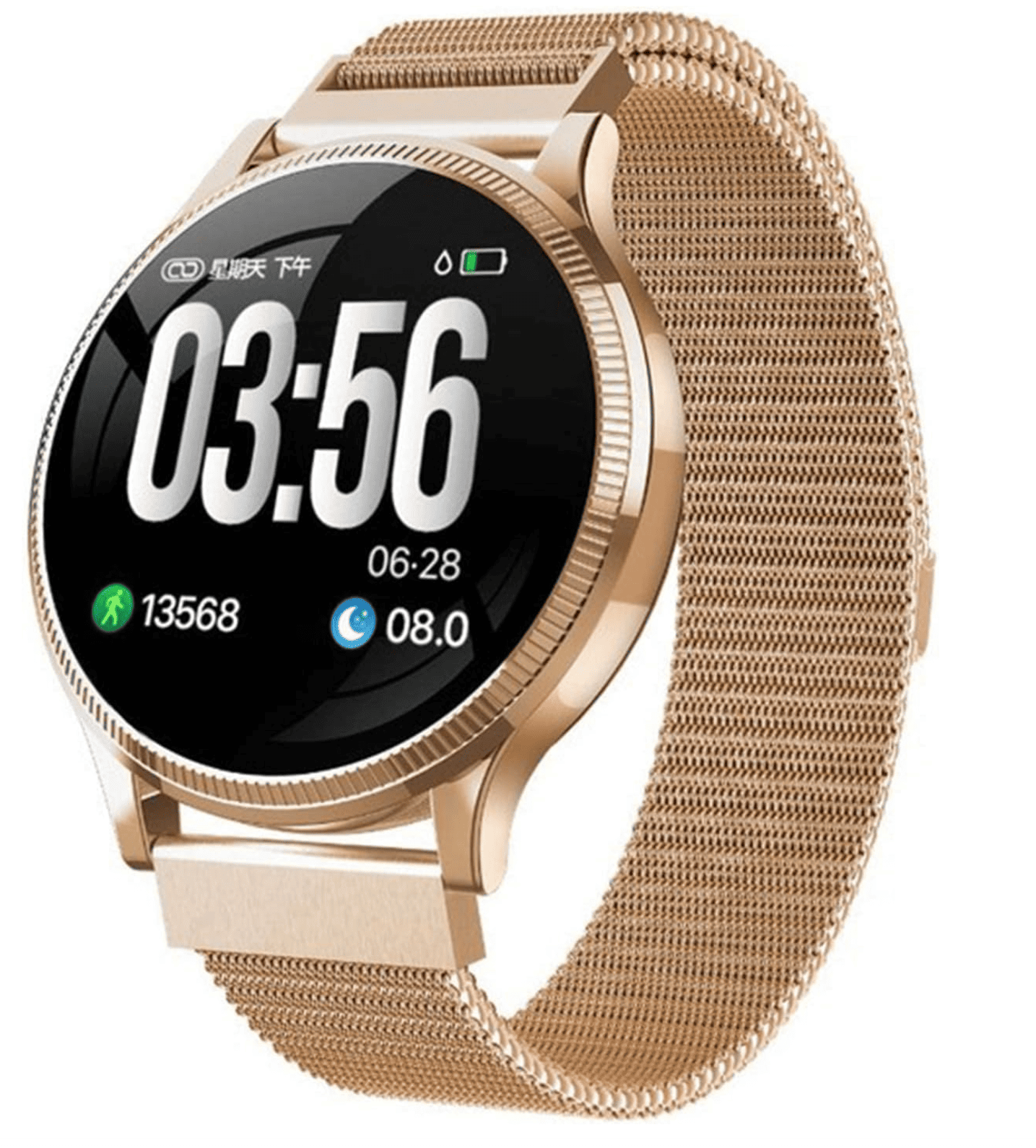 Smartwatch dorado elegante con correa metálica y funciones de salud y notificaciones inteligentes