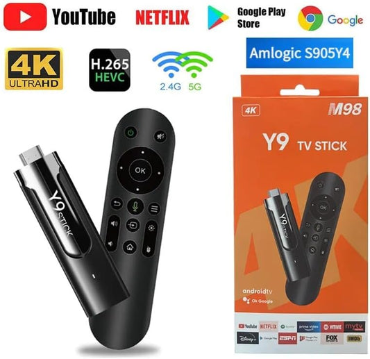 TV Stick Y10 4K Android TV with voice control remote and Wi-Fi connectivity