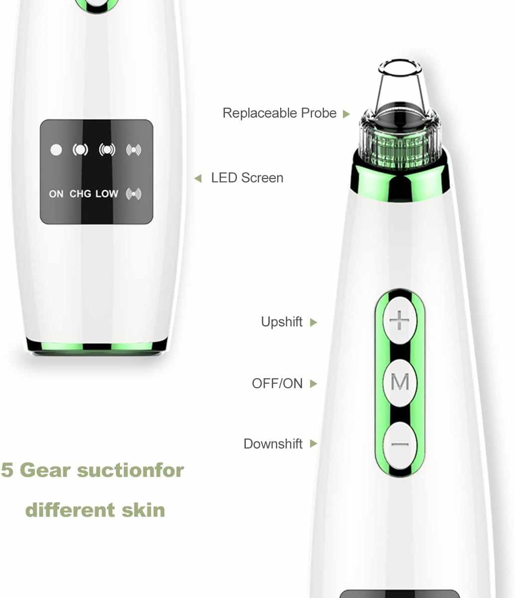 Limpiador de Poros Eléctrico 7 en 1 – Succionador de Puntos Negros con 5 Modos, 5 Cabezales, Pantalla LED y Kit de Acné