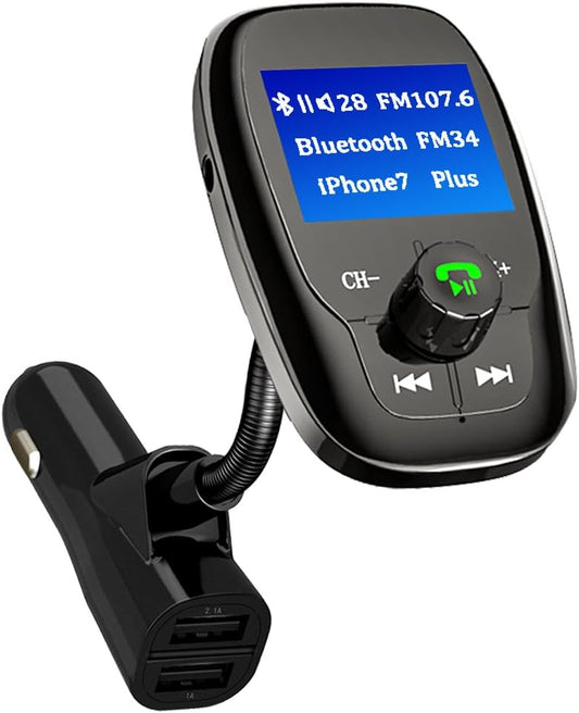 Transmisor FM AceTend Bluetooth para coche con pantalla LCD 1.44", manos libres, 2 puertos USB, soporte tarjeta TF y U Disk, entrada AUX