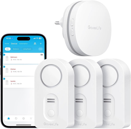 GoveeLife Detector de Agua WiFi pack 4 sensores inalámbricos con alarma y app móvil para cocina baño y sótano