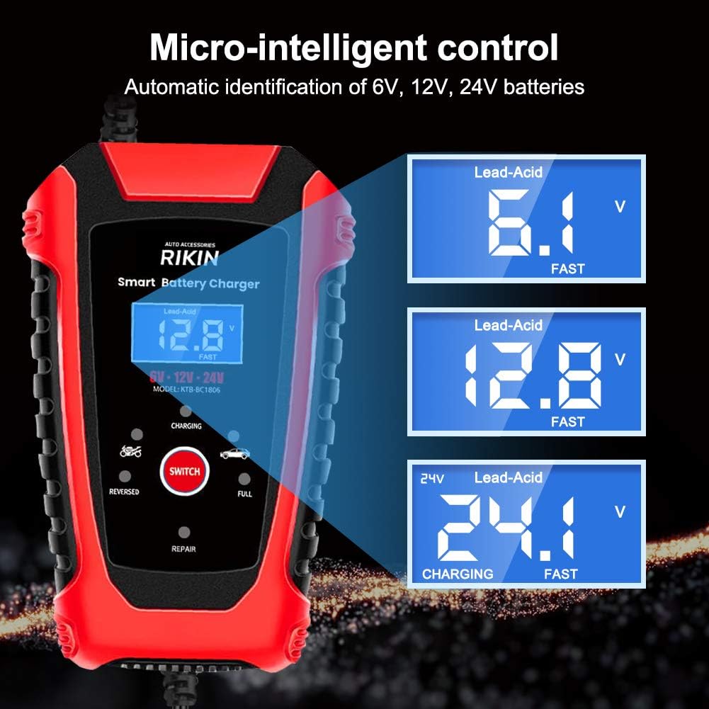 RIKIN Cargador de Batería 6A 6V/12V/24V – Cargador Rápido Automático con Pantalla LCD y Protección Múltiple para Coche, Moto y Barco