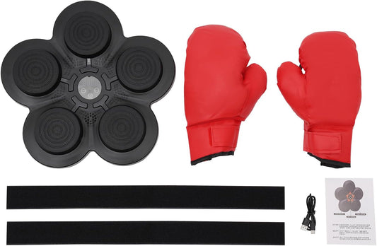 máquina de boxeo musical inteligente con guantes rojos, base negra con cinco zonas de golpeo y accesorios de montaje y carga USB