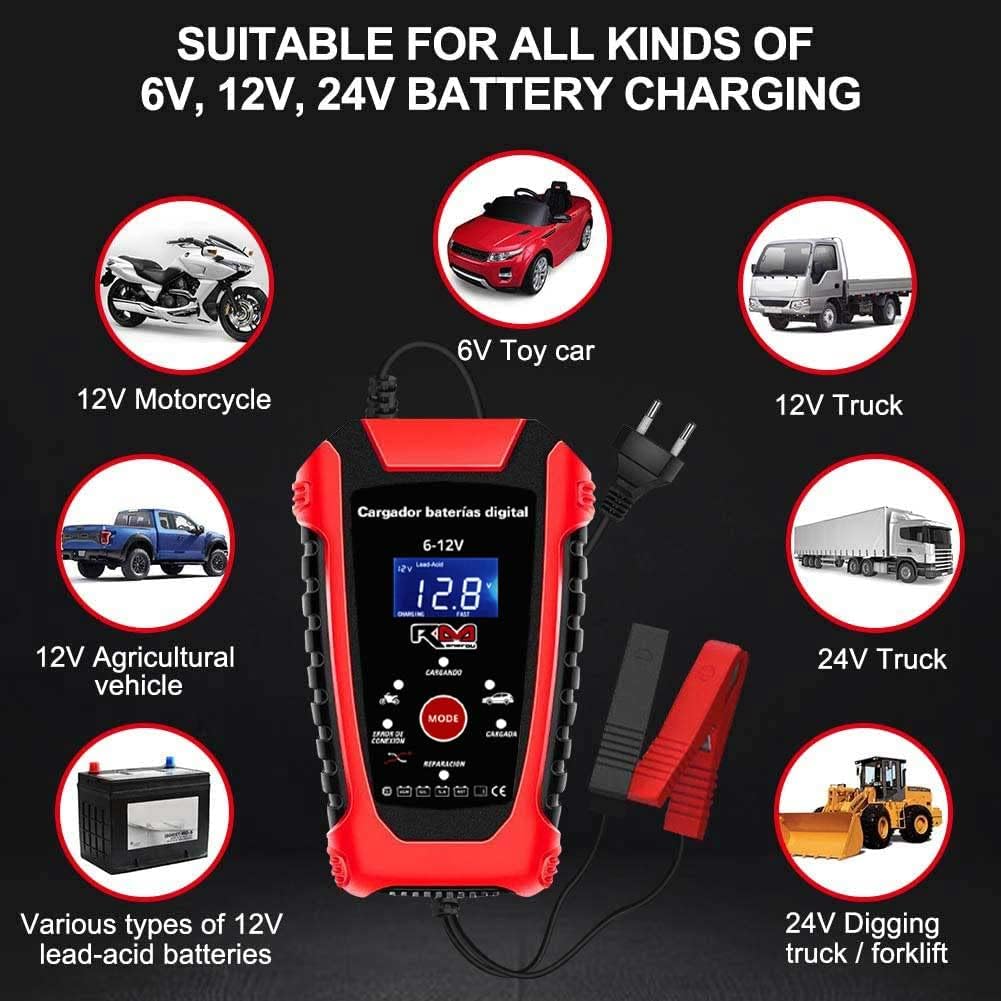 RIKIN Cargador de Batería 6A 6V/12V/24V – Cargador Rápido Automático con Pantalla LCD y Protección Múltiple para Coche, Moto y Barco