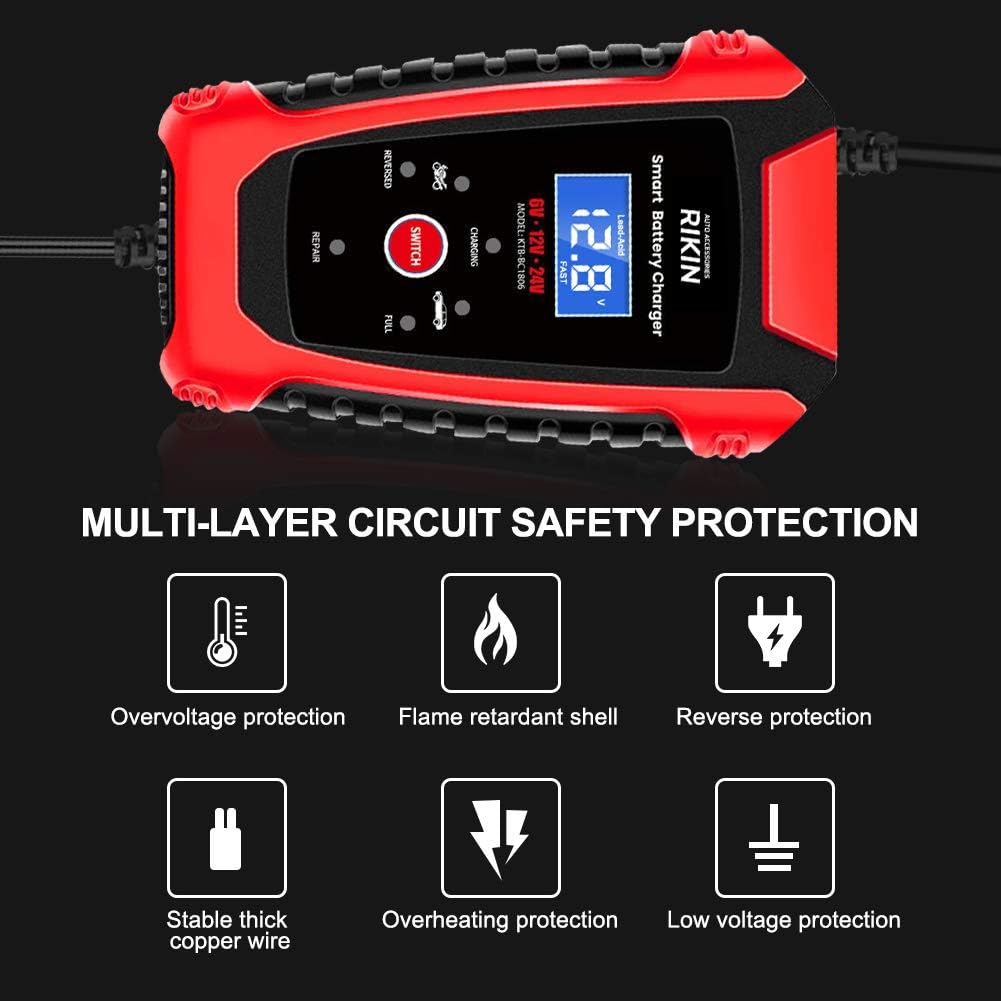 RIKIN Cargador de Batería 6A 6V/12V/24V – Cargador Rápido Automático con Pantalla LCD y Protección Múltiple para Coche, Moto y Barco