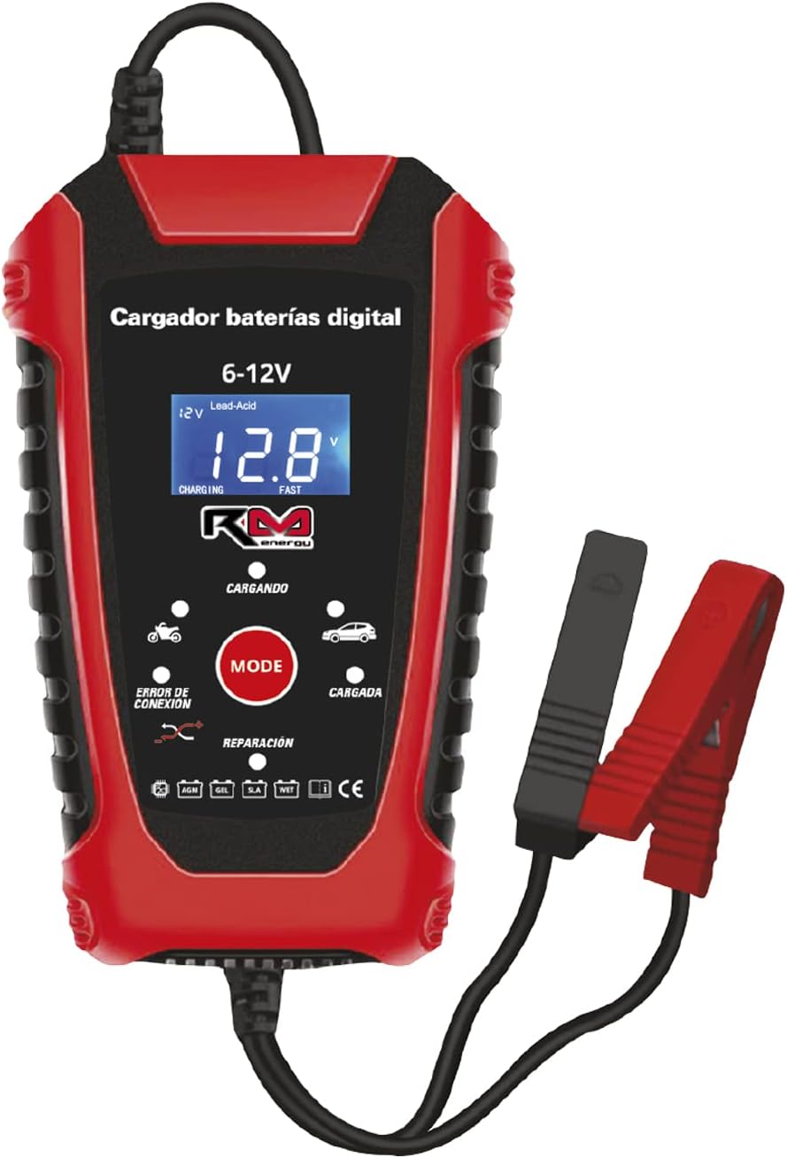 RIKIN cargador de batería digital 6-12V con pantalla LCD y pinzas para carga automática segura de vehículos