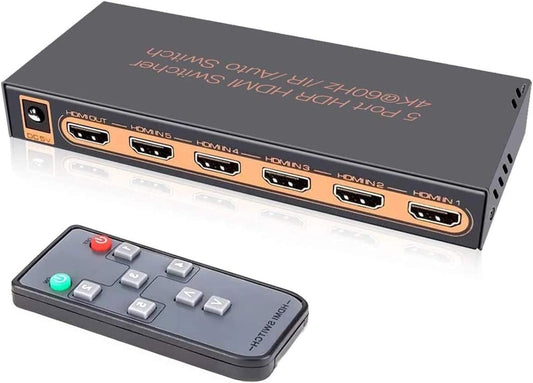 HDMI Switch 5x1 Awakelion with remote control supporting 4K@60Hz, HDR, HDCP 2.2, UHD, Full HD, and 3D inputs
