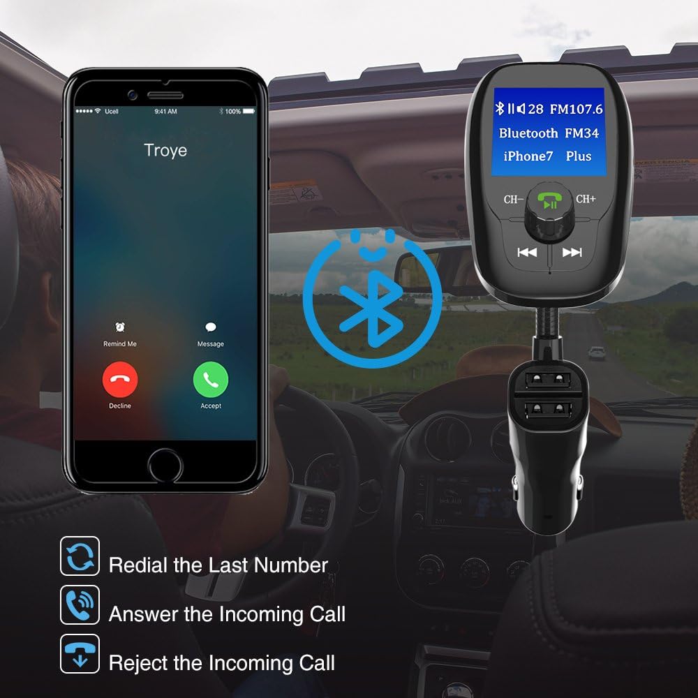 Transmisor FM AceTend Bluetooth para Coche – Manos Libres, 2 Puertos USB, Soporte Tarjeta TF y U Disk, Pantalla 1.44", AUX