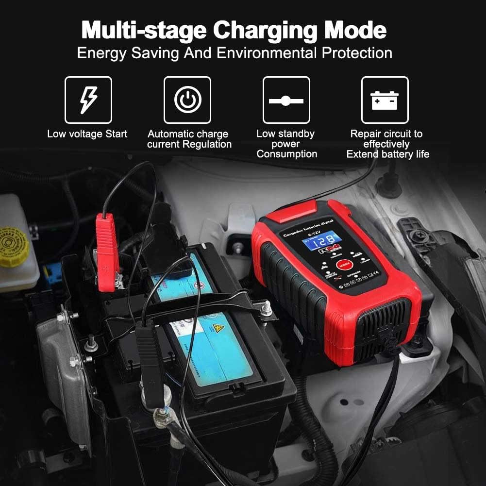 RIKIN Cargador de Batería 6A 6V/12V/24V – Cargador Rápido Automático con Pantalla LCD y Protección Múltiple para Coche, Moto y Barco
