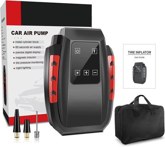 RIKIN compresor de aire portátil 12V con manómetro digital, inflador eléctrico para ruedas de coche, moto y otros inflables, con accesorios y bolsa de transporte