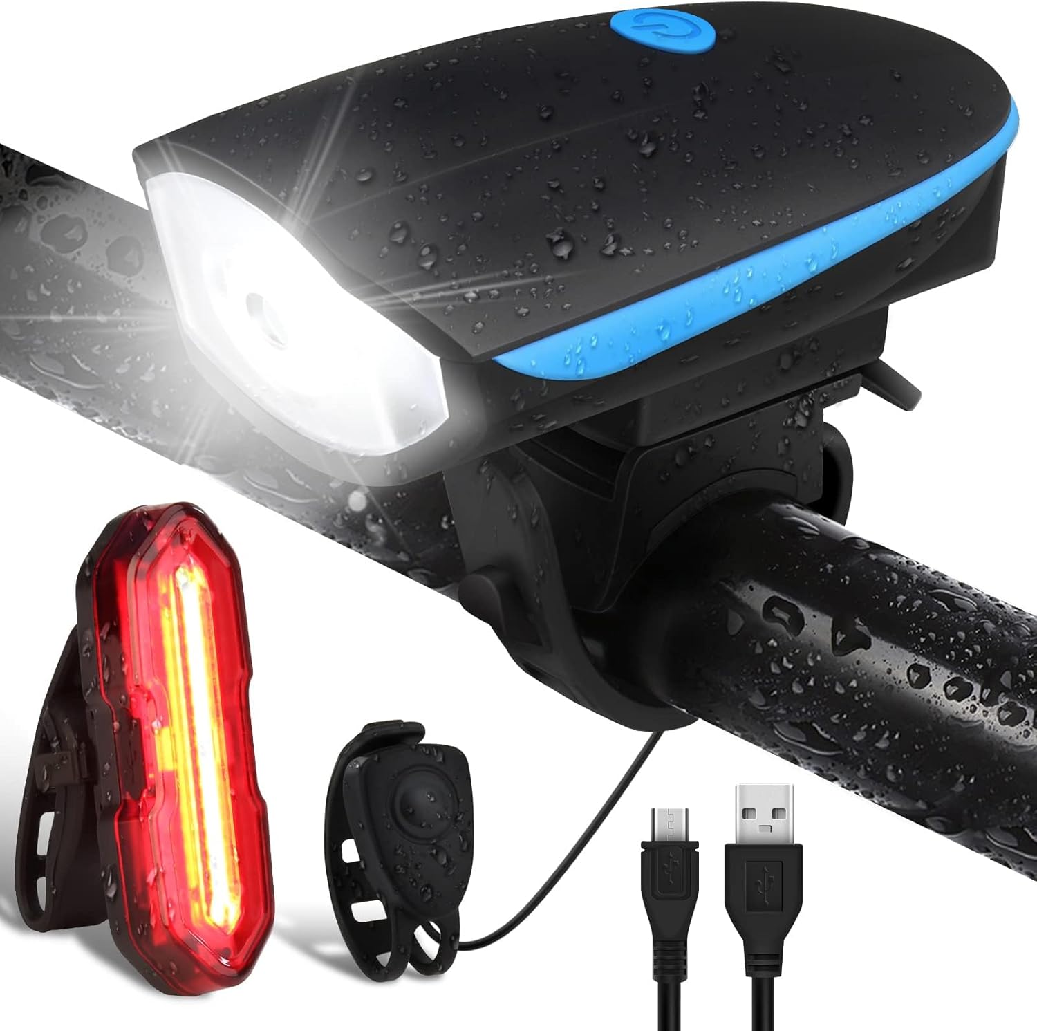 Set de Luces LED para bicicleta recargables por USB con luz delantera blanca y trasera roja resistente al agua IP65.
