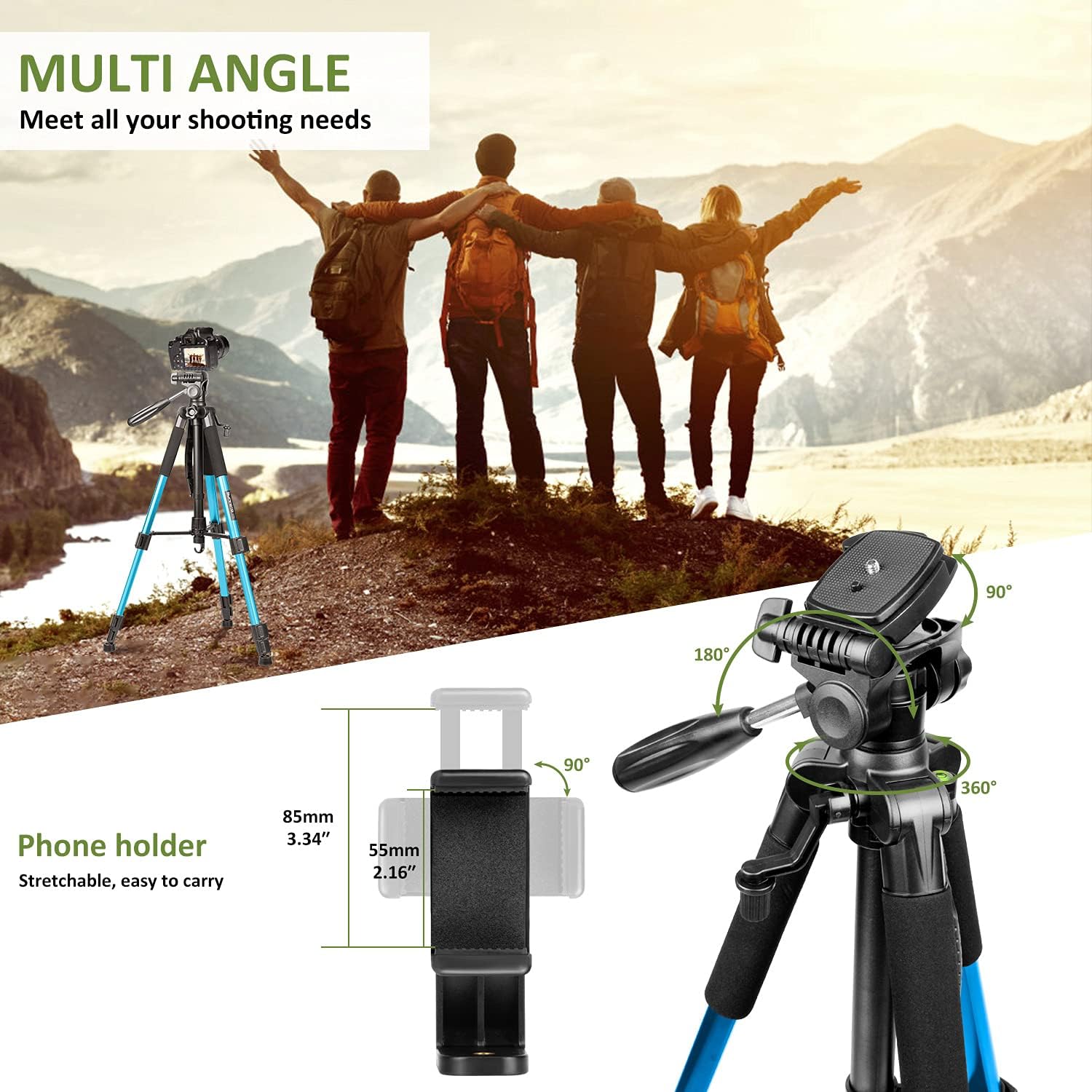Trípode de Cámara Sunfoto 160 cm con Bluetooth, Soporte para Teléfono y Bolsa – Azul