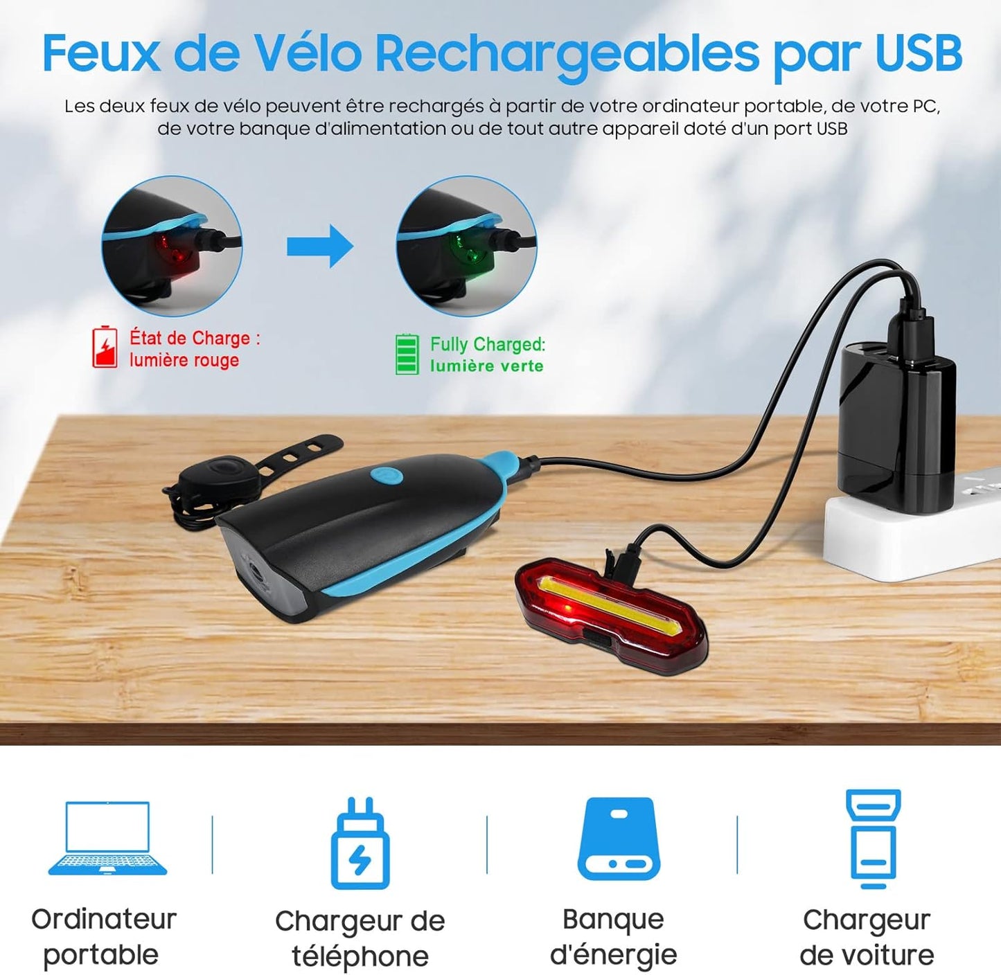 Set de Luces LED para Bicicleta – Luz Delantera + Trasera Recargable USB