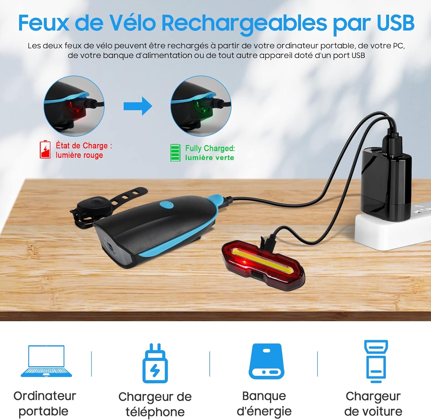 Set de Luces LED para Bicicleta – Luz Delantera + Trasera Recargable USB