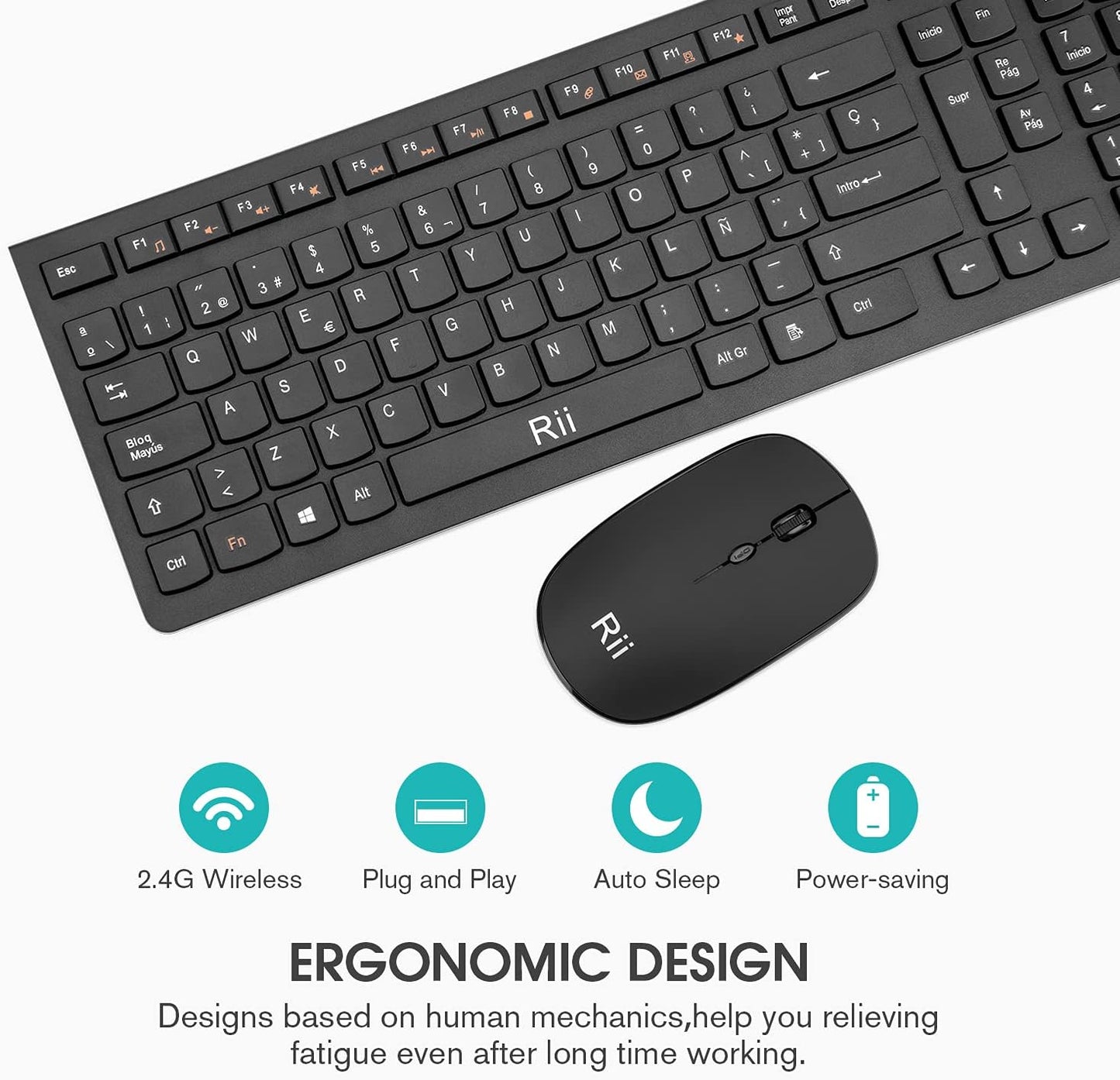 Teclado y Ratón Inalámbricos Rii RK904: Combo Ergonómico 2.4GHz