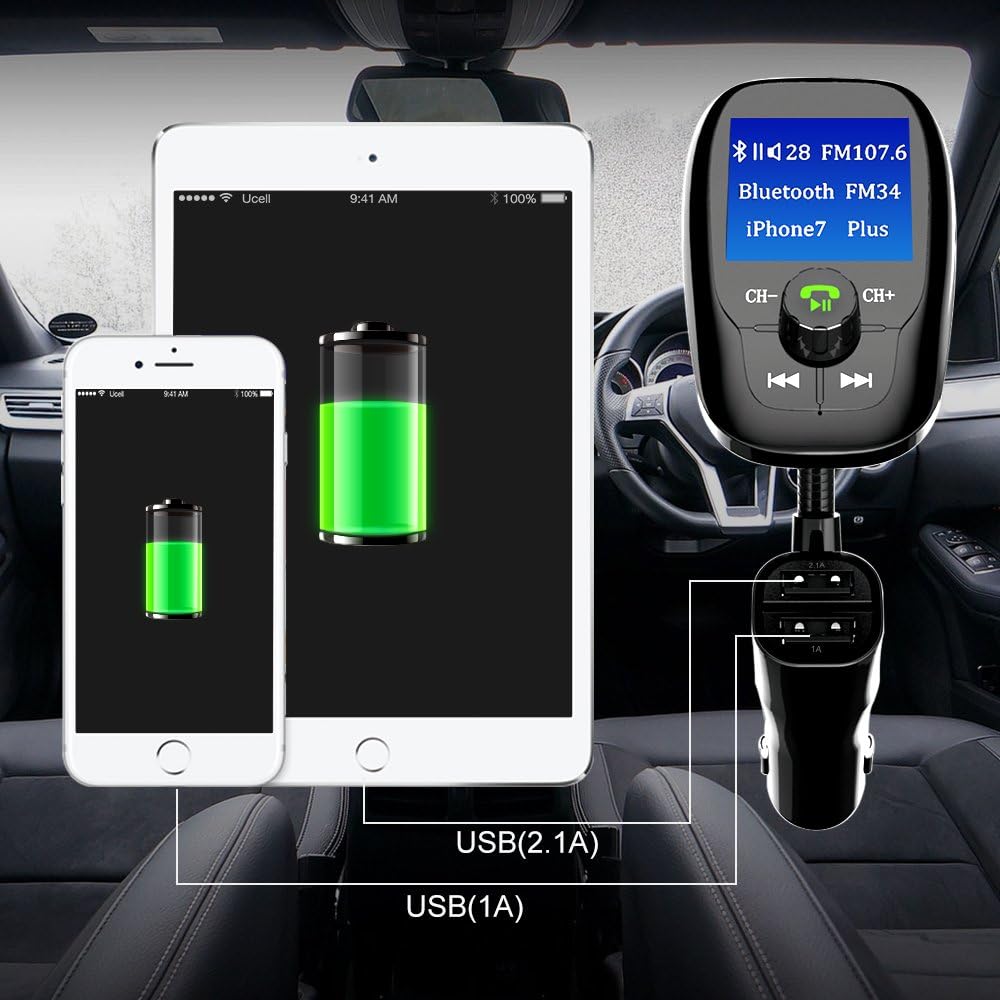 Transmisor FM AceTend Bluetooth para Coche – Manos Libres, 2 Puertos USB, Soporte Tarjeta TF y U Disk, Pantalla 1.44", AUX