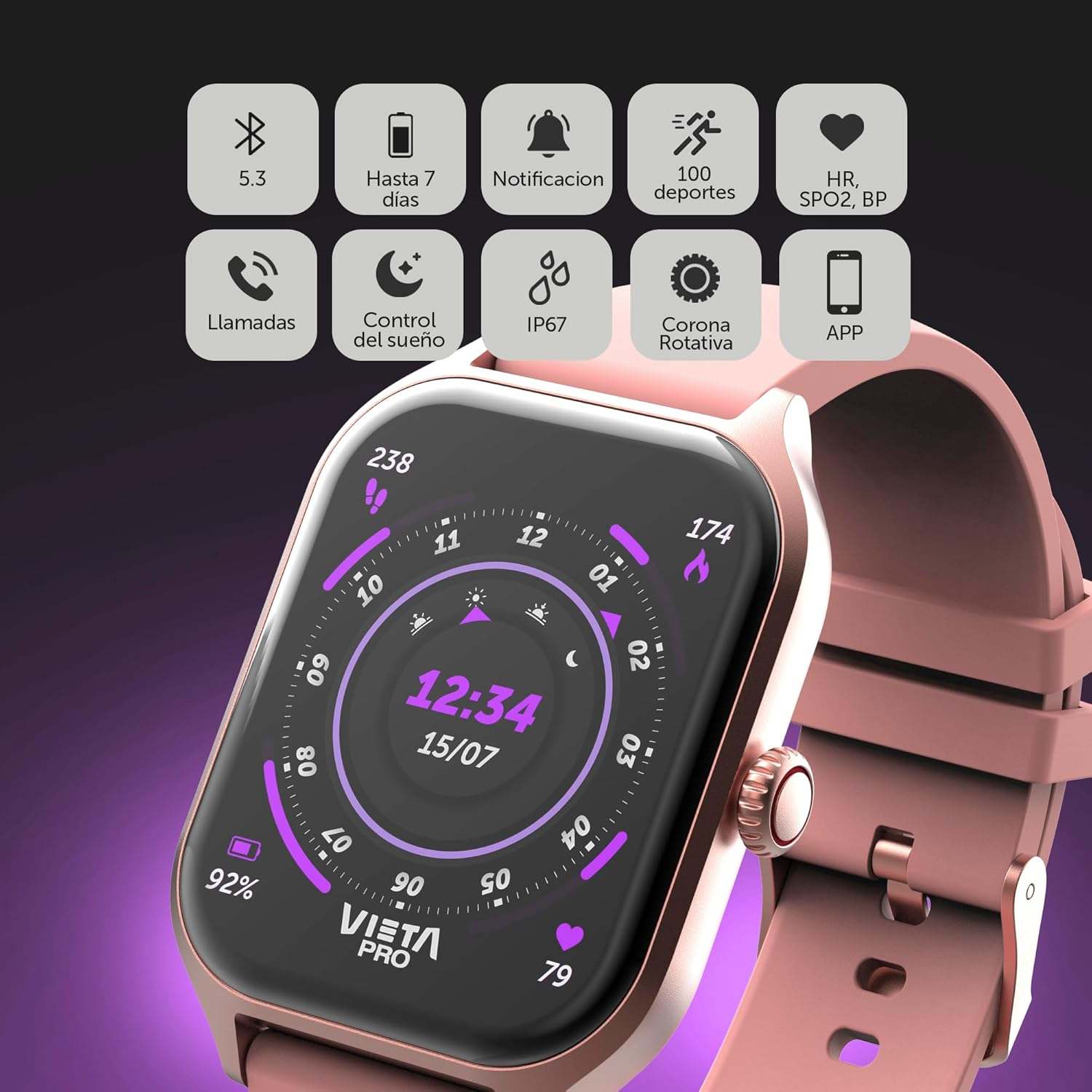 Vieta Pro Go 3 – Reloj Inteligente con Bluetooth, Batería hasta 7 Días