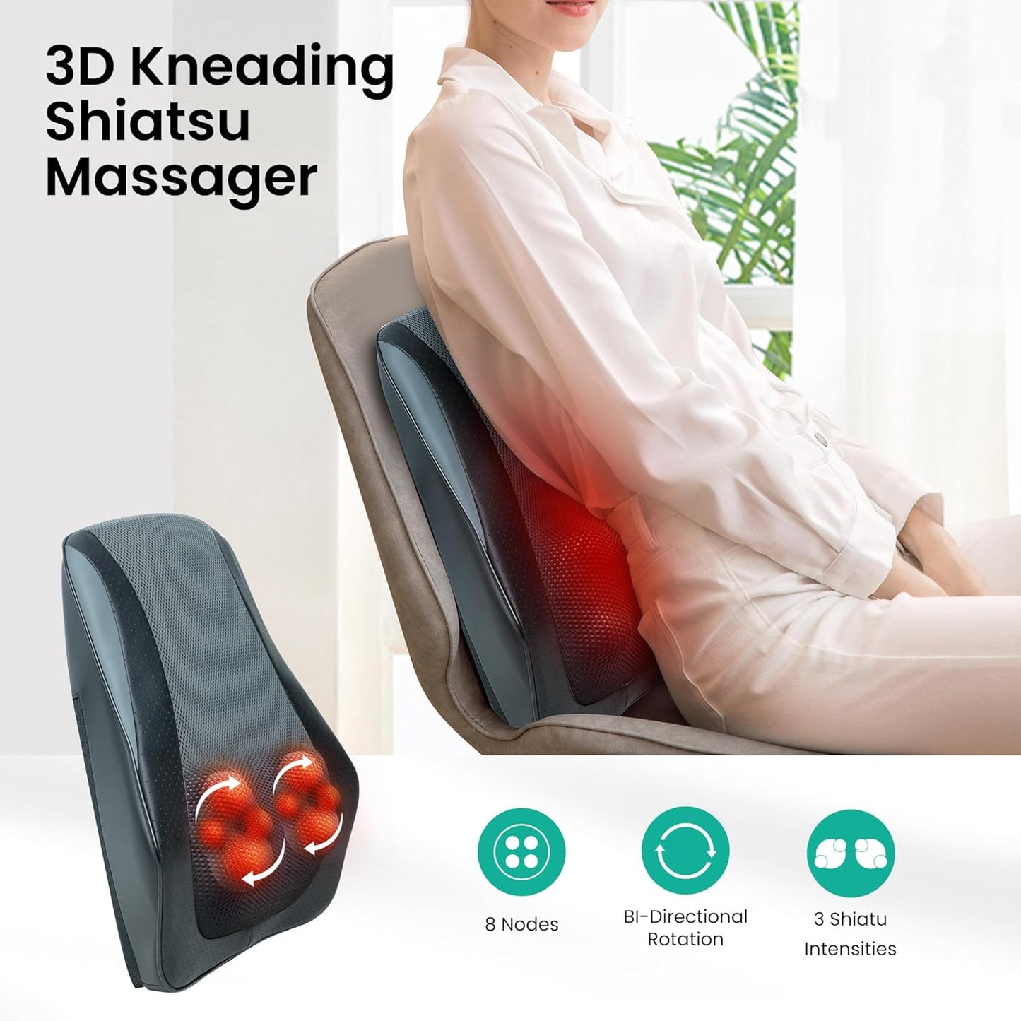 Masajeador Cervical y Espalda con Calor - Cojín Shiatsu