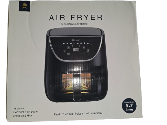 Freidora de aire Henri 5.7 litros negra con tecnología de circulación de aire rápido, pantalla digital y capacidad para 2 kilos.