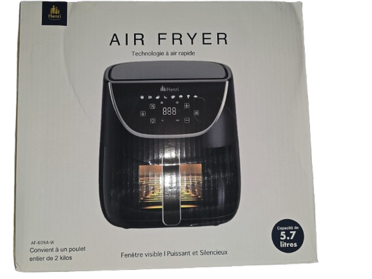 Freidora de aire Henri 5.7 litros negra con tecnología de circulación de aire rápido, pantalla digital y capacidad para 2 kilos.
