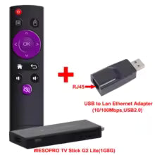 WESOPRO Android TV Box 4K IPTV dongle with remote and USB to LAN adapter for streaming and multimedia playback