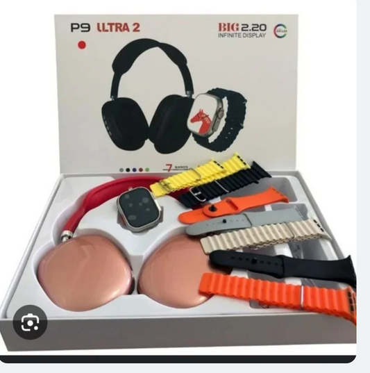 Smartwatch P9 ULTRA with HD touchscreen, Bluetooth earbuds, multiple interchangeable straps, and portable charging case combo pack