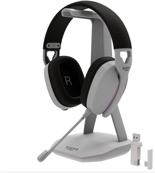 Vieta Pro Nova gaming headphones with microphone, RGB lighting, Bluetooth 5.3, USB mode, 40-hour battery, ergonomic design, and stand in gray