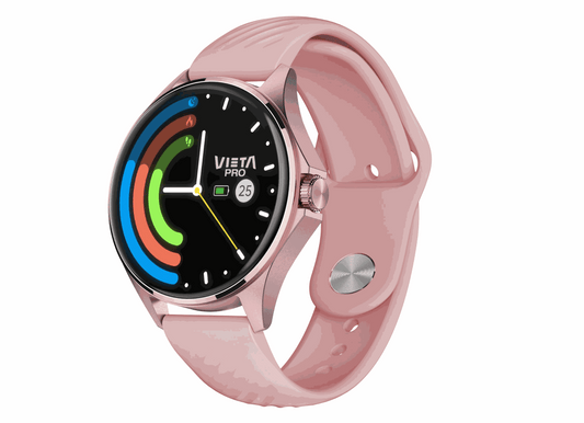 Vieta Wear 2 Rosa smartwatch with round AMOLED display, Bluetooth 5.3, water resistance IP67, health monitoring, call functions, and pink strap.