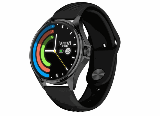 Vieta Pro Wear 2 smartwatch with 43mm AMOLED circular display and black strap showing fitness tracking rings